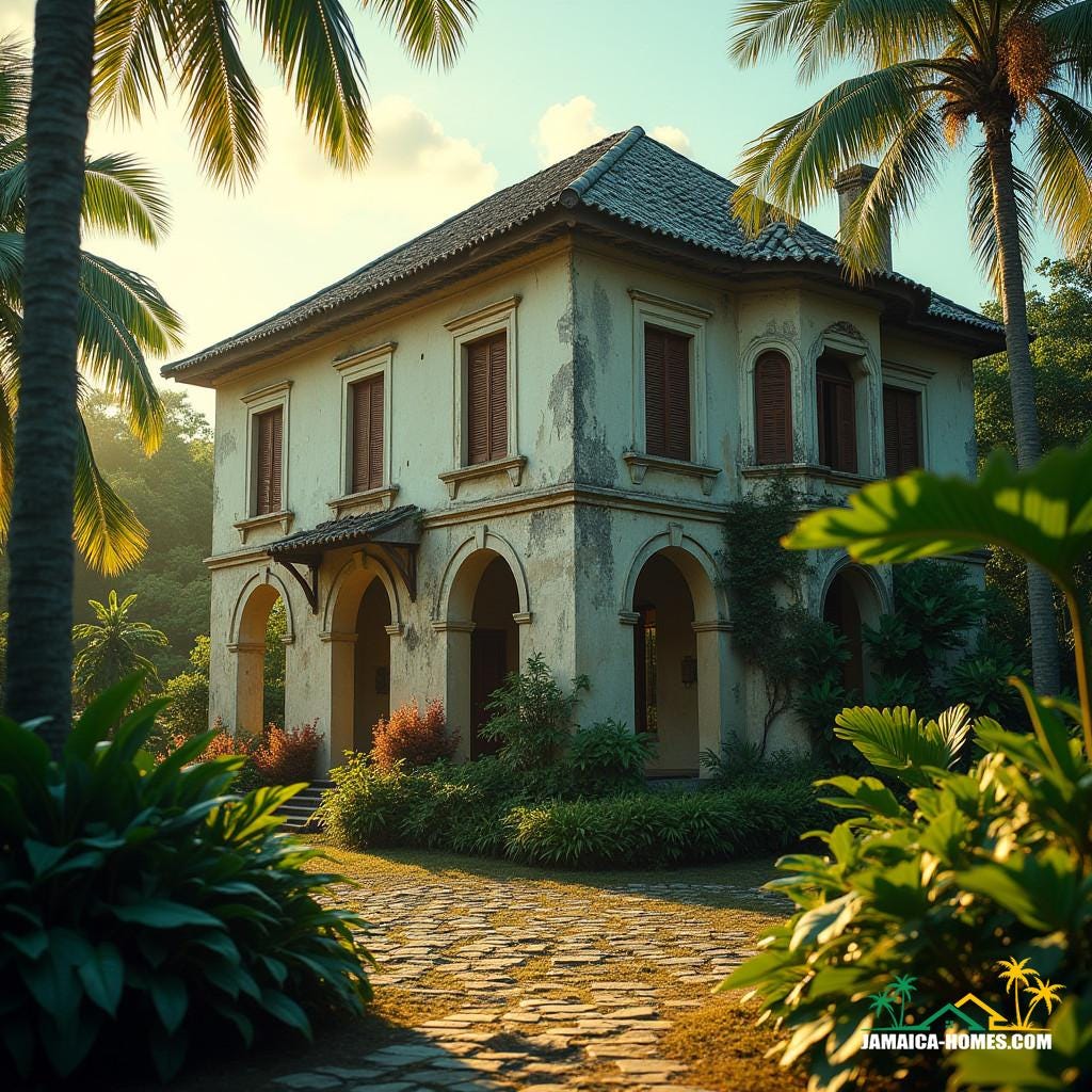 Colonial Architecture home in Jamaica, Caribbean, set amidst lush tropical foliage and vibrant flora, with a warm golden light casting a gentle glow on the weathered stone facade, surrounded by towering palm trees swaying in the breeze. Colonial Architecture home in Jamaica, Caribbean, set amidst lush tropical foliage and vibrant flora, with a warm golden light casting a gentle glow on the weathered stone facade, surrounded by towering palm trees swaying in the breeze.