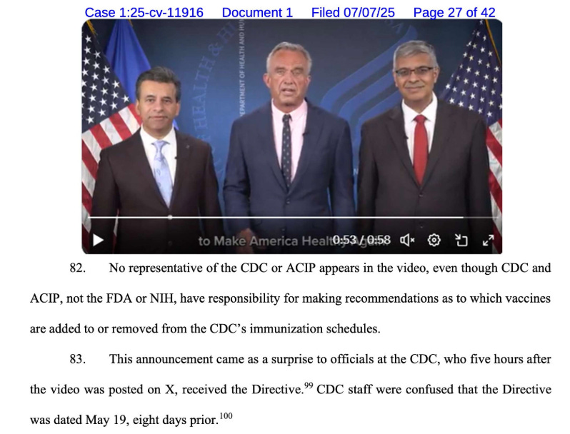 screenshot of the legal complaint against RFK Jr. & HHS by multiple medical societies including the AAP over unscientific changes in vaccine guidance which features a screencap of the social media video in which Marty Makary, RFK Jr. and Jay Bhattacharya announce the change in front of multiple American flags screenshot of the legal complaint against RFK Jr. & HHS by multiple medical societies including the AAP over unscientific changes in vaccine guidance which features a screencap of the social media video in which Marty Makary, RFK Jr. and Jay Bhattacharya announce the change in front of multiple American flags
