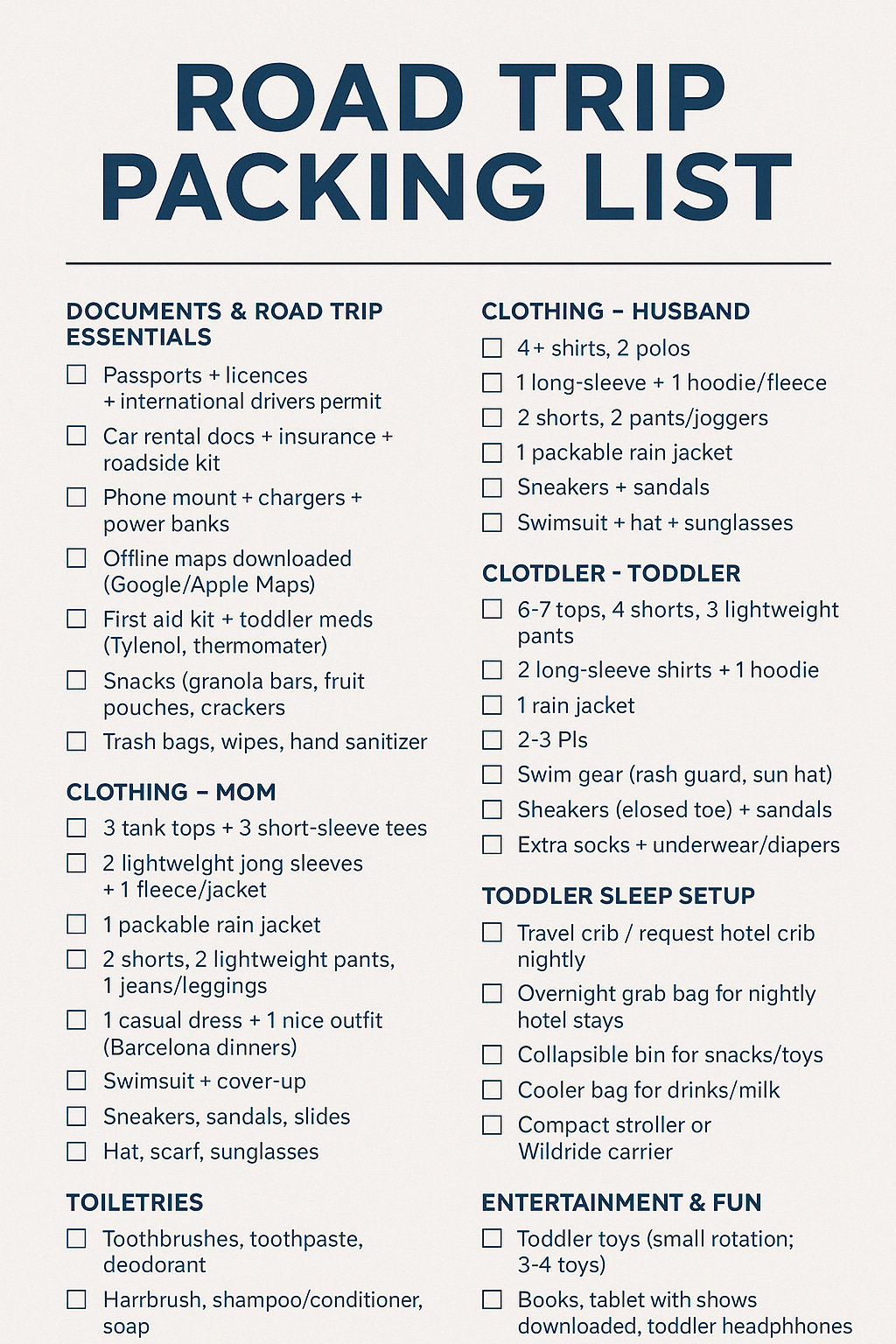 image of a packing list for the road trip provided by chat GPT so it has funny typeos at times its really just a checklist like shirts pants hotel grab bag, etc
