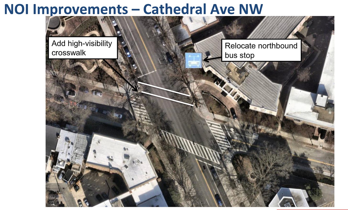 DDOT overhead image of the intesection with a new crosswalk installed north of the intersection and the northbound bus stop relocated across the Cathedral on Connecticut.