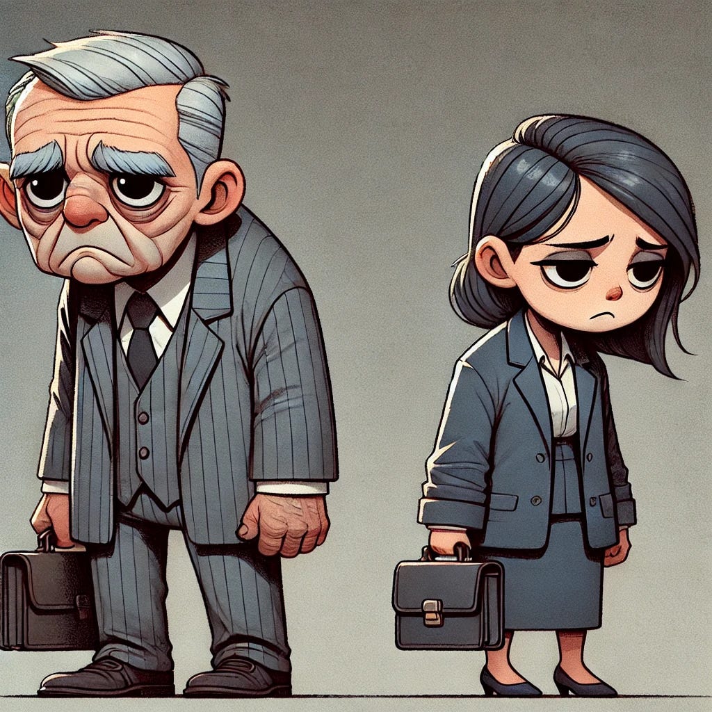 A sad, disappointed older cartoon lawyer and a female cartoon lawyer standing side by side. The older male lawyer has a slightly smaller head, graying hair, wrinkles, and a more realistic appearance while retaining some cartoonish elements. He is dressed in a traditional suit, with a tie and a briefcase loosely hanging by his side, with a downcast expression. The female lawyer is also in a professional suit, with a similarly somber expression, and is holding a briefcase. The background is simple, with muted tones like gray or blue, emphasizing the somber mood. The overall style blends realism with cartoonish features.