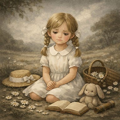 Sad child in stormy meadow without butterflies