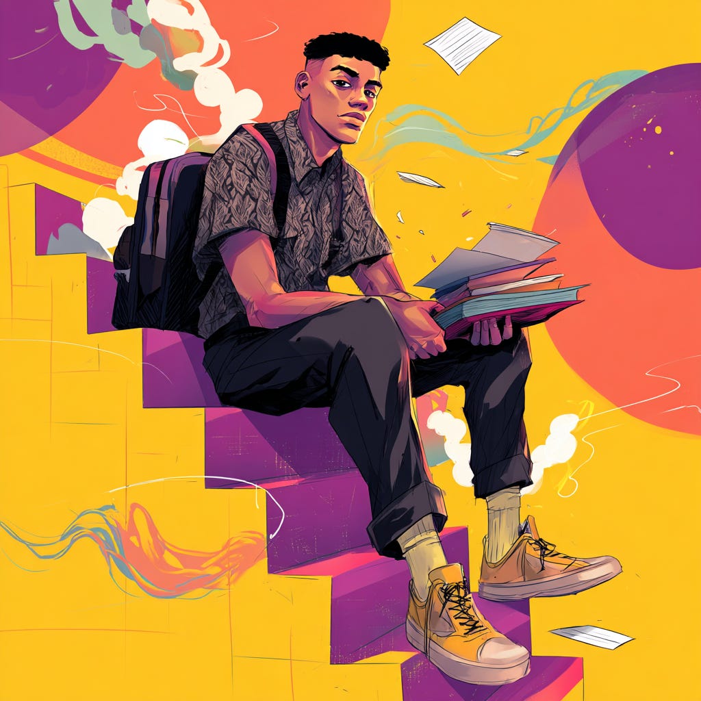 A student looks at the camera thoughtfully, surrounded by books and bright colors