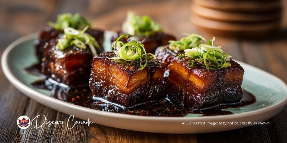 Shaoxing wine–braised pork belly at Bao Bei Chinese Brasserie in Vancouver, glazed and garnished with scallions.