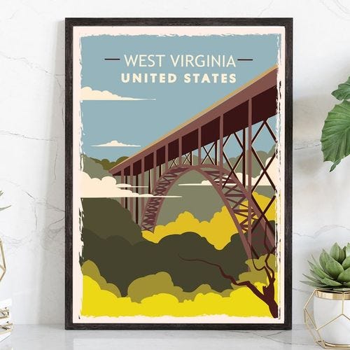 Retro Style Travel Poster, West Virginia Vintage Rustic Poster Print, Home Wall Art, Office Wall Decor, West Virginia State Map Poster