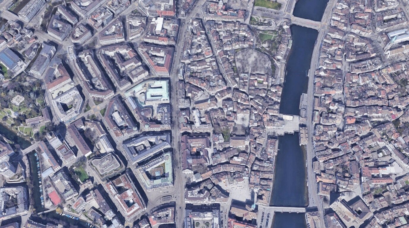 Aerial view of Zurich. On the right is the traditional, organic city, and on the left is the city planned by engineers. (Image via Google Maps.) Aerial view of Zurich. On the right is the traditional, organic city, and on the left is the city planned by engineers. (Image via Google Maps.)