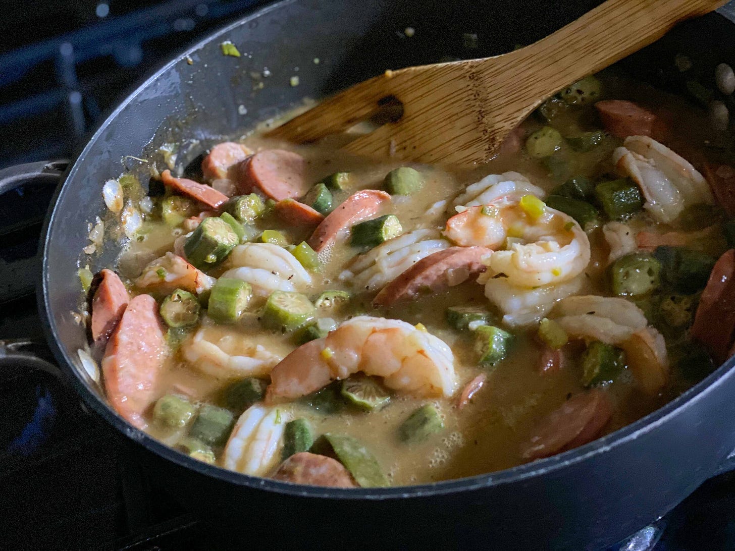 Shrimp, andouille sausage and okra gumbo. The okra is roasted first, so it’s not slimy.