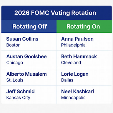 Clean professional chart showing 2026 FOMC voting rotation. Two columns labeled 'Rotating Off (2025 Voters)' and 'Rotating On (2026 Voters)'. Names of Federal Reserve Bank Presidents listed under each column. Minimalist financial newsletter style. White background, blue and green accents, modern typography, subtle grid lines. Clean professional chart showing 2026 FOMC voting rotation. Two columns labeled 'Rotating Off (2025 Voters)' and 'Rotating On (2026 Voters)'. Names of Federal Reserve Bank Presidents listed under each column. Minimalist financial newsletter style. White background, blue and green accents, modern typography, subtle grid lines.