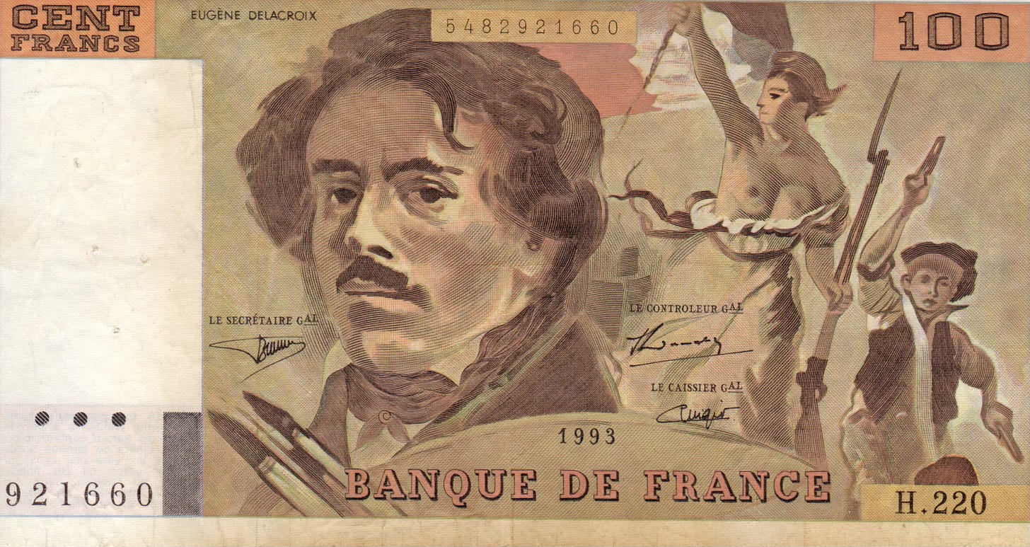 100 francs banknote with Liberty guiding the people.
