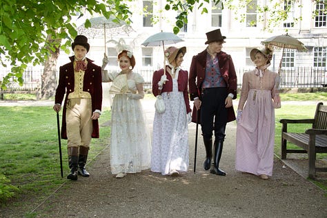 Models in regency dress enjoy the accomodations at the Gainsborough Bath Spa, high tea, a chat beside the spa, a walk through Bath, lounging on a shady Georgian stoop, a stroll through the city, a countryside walk, a visit to the Royal Crescent, and a drink at the Gainsborough bar