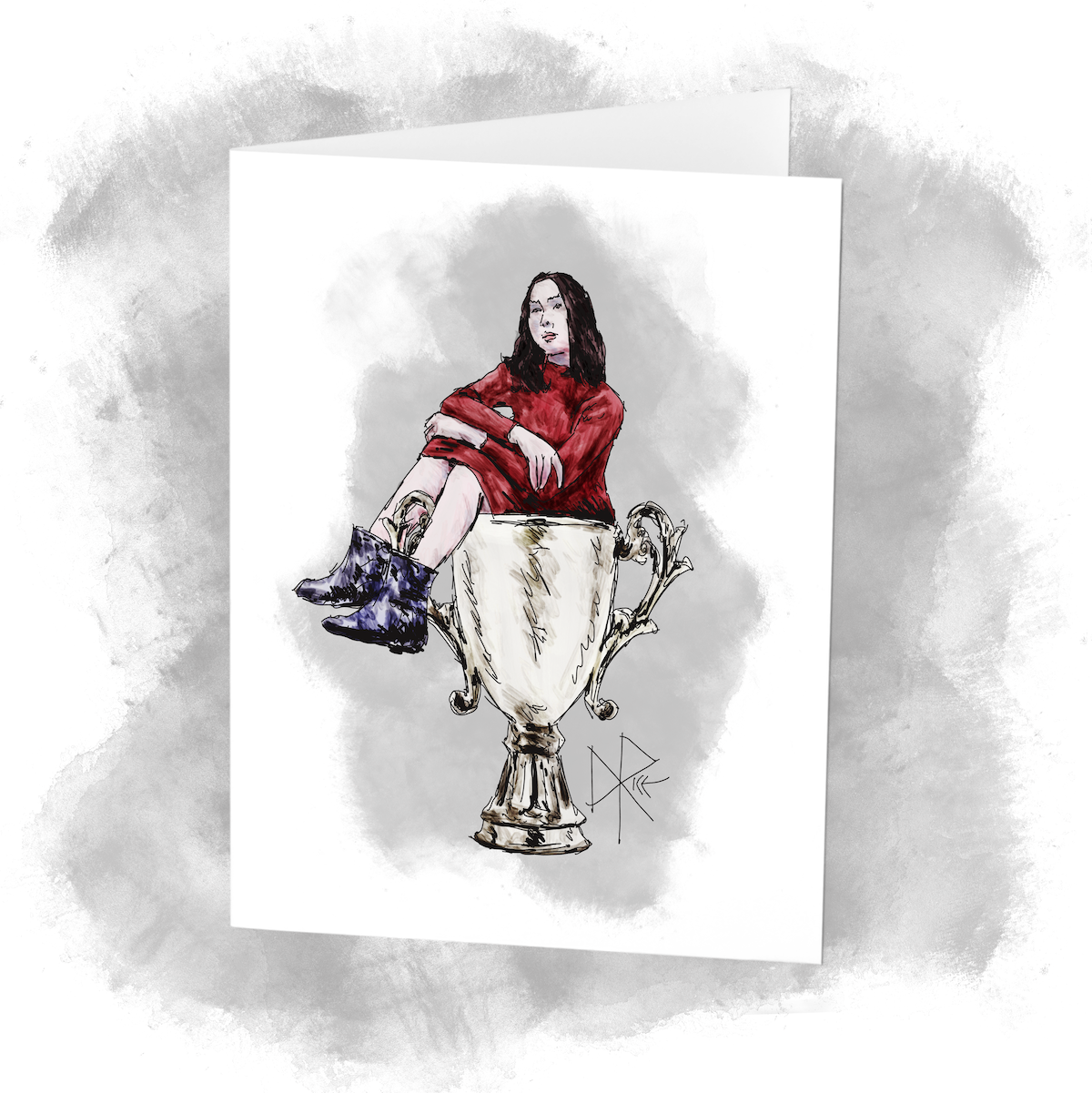 A woman in a red dress sits in the mouth of a very large trophy. Sketch art by Don Rice.