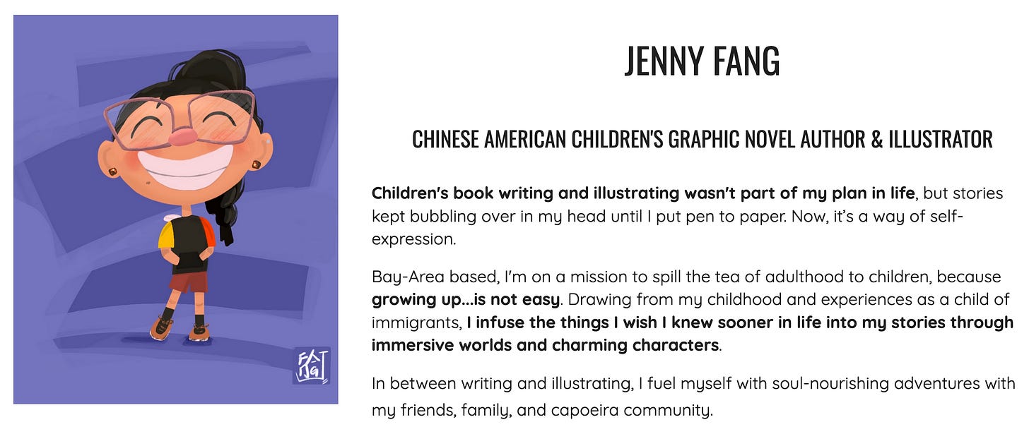 Jenny's author bio as seen on her website at jennyfang.com