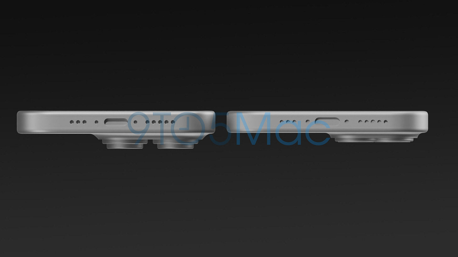 Comparison of the iPhone 15 Pro (left) and iPhone 15 (right), showing USB-C ports, speakers and camera bumps of each Comparison of the iPhone 15 Pro (left) and iPhone 15 (right), showing USB-C ports, speakers and camera bumps of each