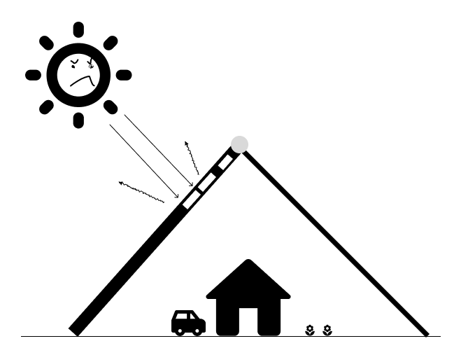 crude cartoon of a giant laptop is propped open and providing shade to a house