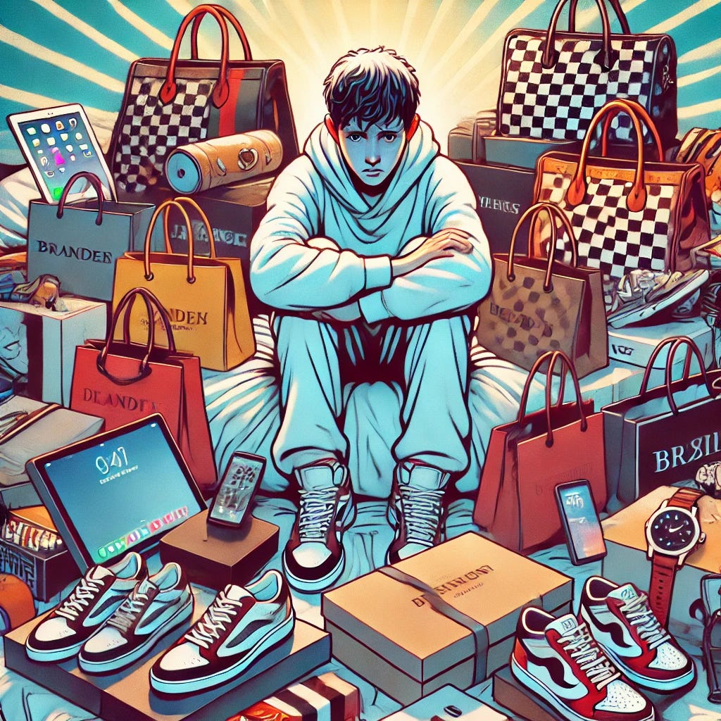 A person surrounded by piles of branded, expensive items like luxury bags, high-end electronics, designer clothes, and shoes. Despite the abundance of material wealth, the person looks unhappy and stressed, with a sad expression and slouched posture. The background should contrast the wealth with symbols of emptiness, such as an empty calendar and a lonely atmosphere, highlighting the lack of fulfillment. The image should be bright and illustrative, emphasizing the contrast between material wealth and emotional well-being.