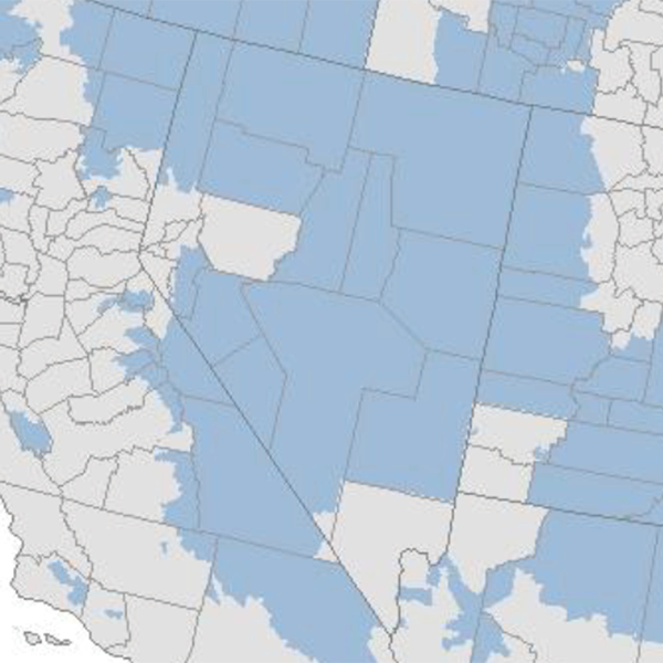 Map of Nevada showing FAR Area level 1 zip codes in blue. Churchill County not shaded. Map of Nevada showing FAR Area level 1 zip codes in blue. Churchill County not shaded.