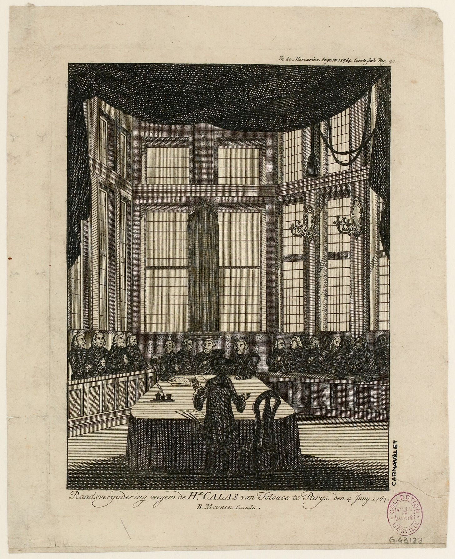 Gravure du XVIIIe siècle représentant la tenue du Conseil du Roi relatif à l'Affaire Calas, qui aboutit à casser le jugement du Parlement de Toulouse et à réhabiliter Jean Calas