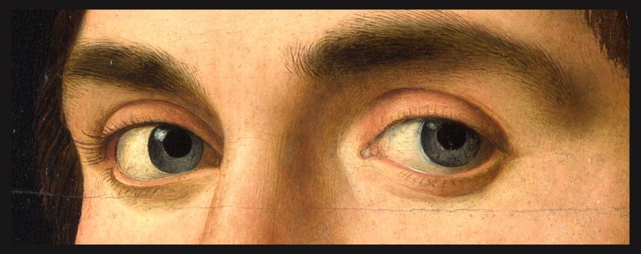 A detail from a portrait showing a young man's blue eyes, eyebrows, and the top of his nose. And his glabella.