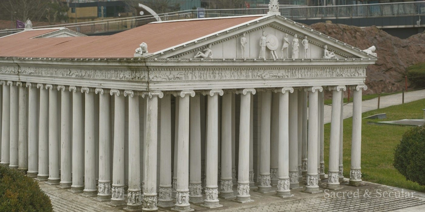A government-style building with tall stone columns in moody, low light, conveying a sense of authority, stability, and underlying tension.