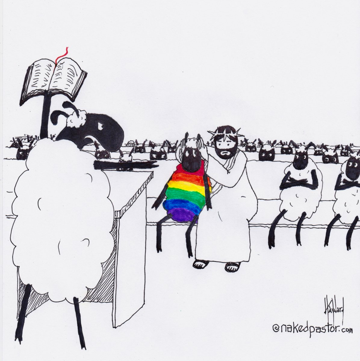 Comic by the Naked Pastor. An angry sheep is preaching while holding up a bible and pointing accusingly at a rainbow sheep sitting in the pews. Jesus is sitting next to that sheep, covering its ears so it doesn't have to hear the hate
