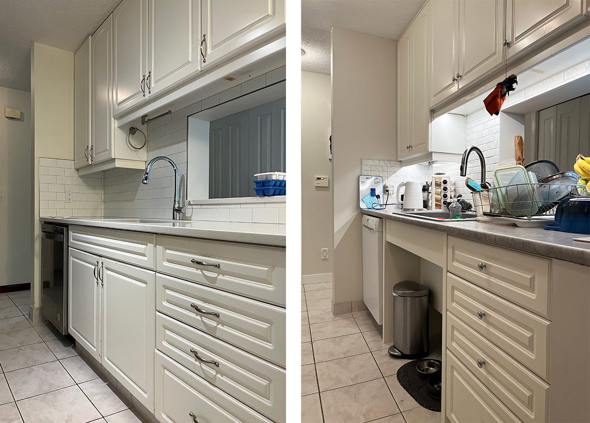 Left and right comparison photo showing a corridor-style kitchen with white cabinetry. The before photo shows doors under the sink and the after photo shows the under-sink cut-out.