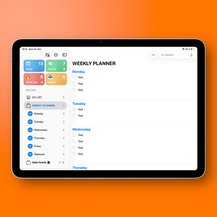 Example of Apple Reminders daily lists grouped into a Weekly Planner folder.