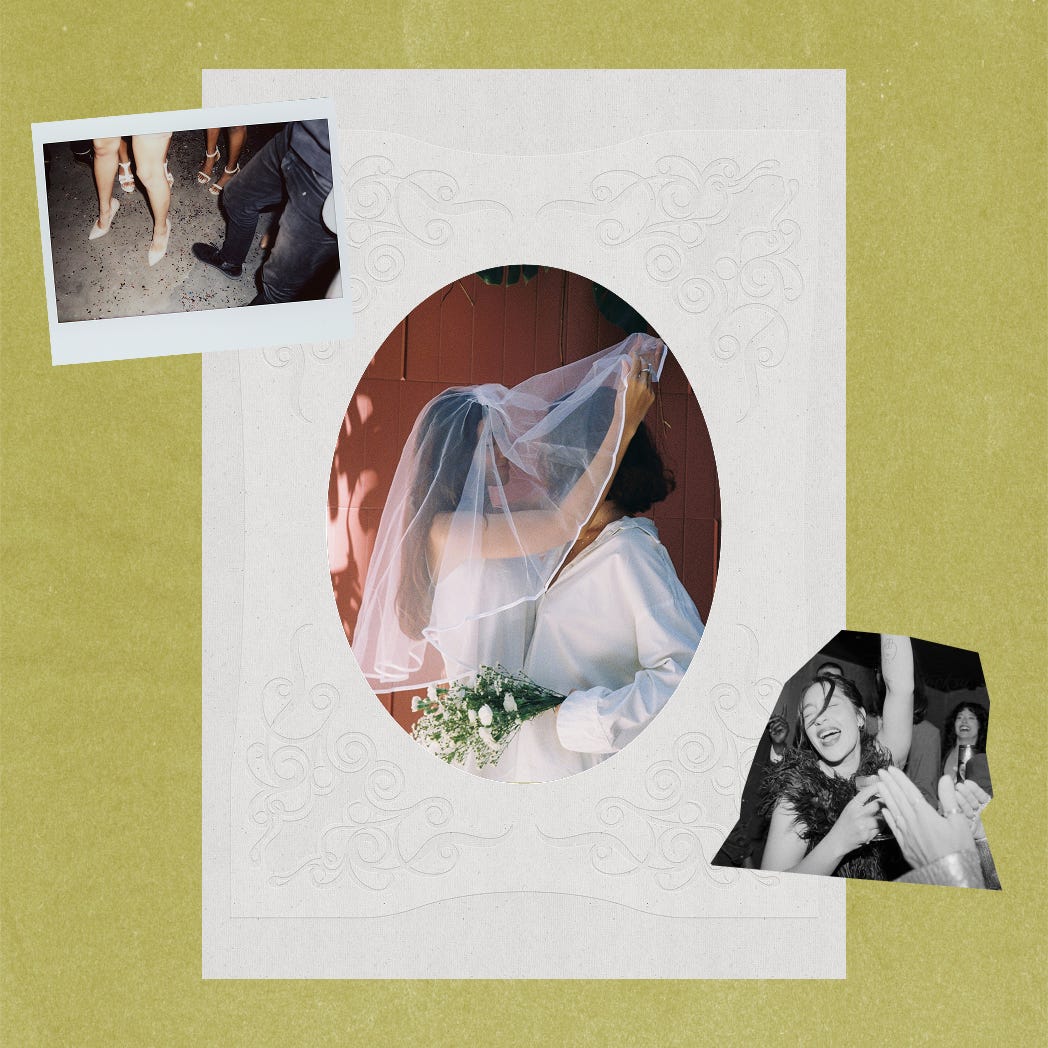 Wedding collage on an olive green background featuring a bride lifting her veil in an oval frame, a polaroid of guests' feet with confetti, and a black-and-white photo of people dancing.
