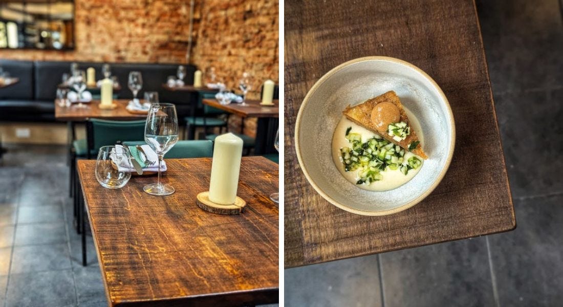 Two pictures - one of a restaurant with brick walls, wooden tables with glasses and candles on them, and green chairs, and one birds eye view of a plate with a hash brown on it