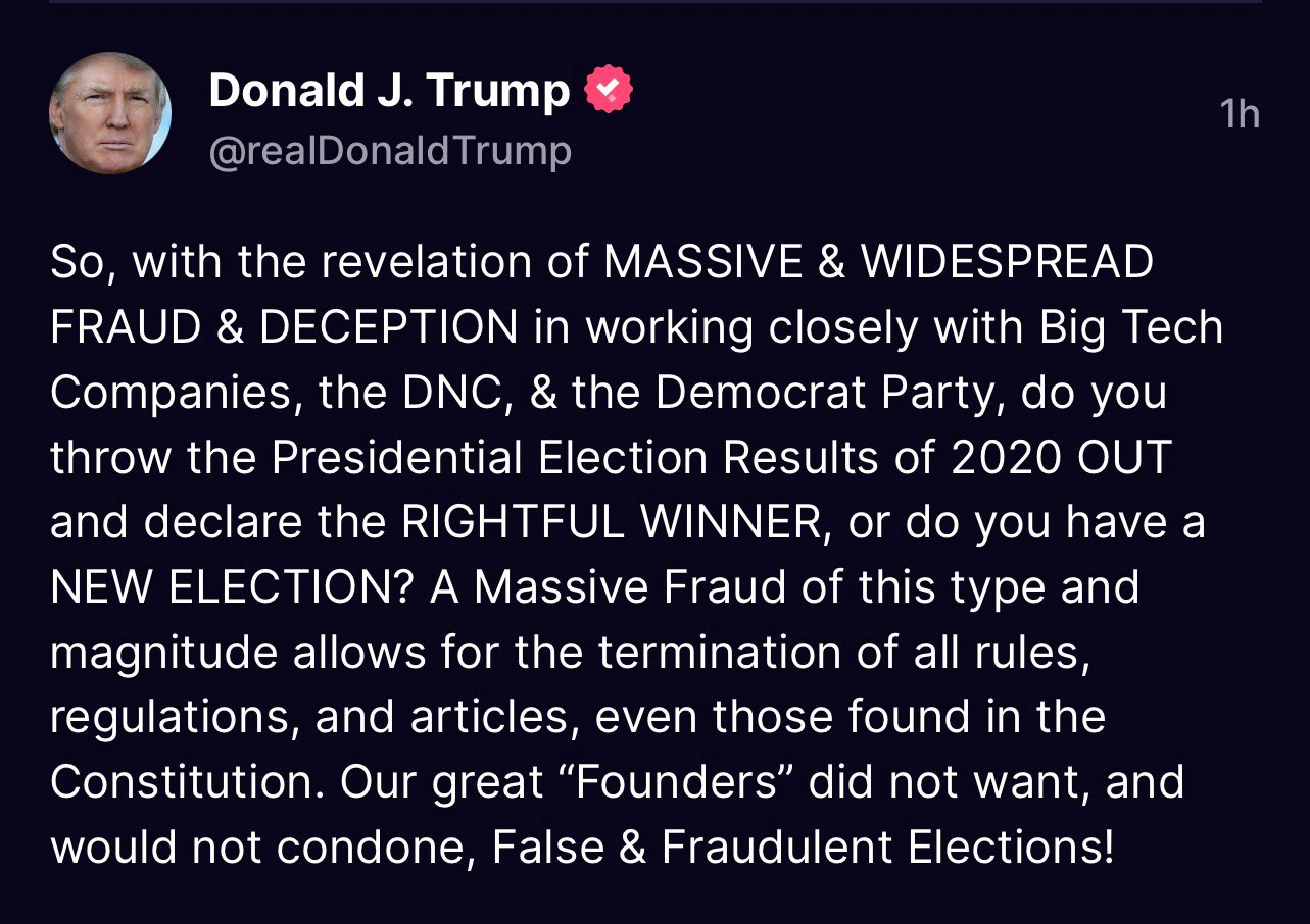 Vaughn Hillyard on X: "Trump is calling for subversion of the Constitution  & either declaring him 2020 presidential winner or holding a “new  election,” saying there should be “termination of all rules,