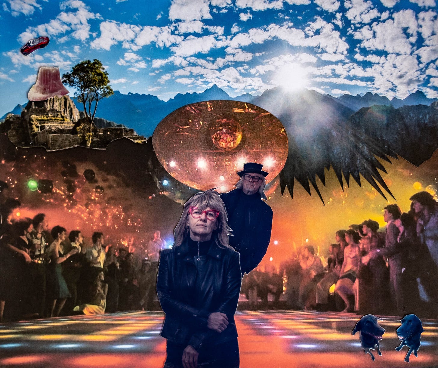 Suzy Starlite and SImon Campbell on the Saturday Night Fever dance floor - Staying Alive with Machu Pichu in the background