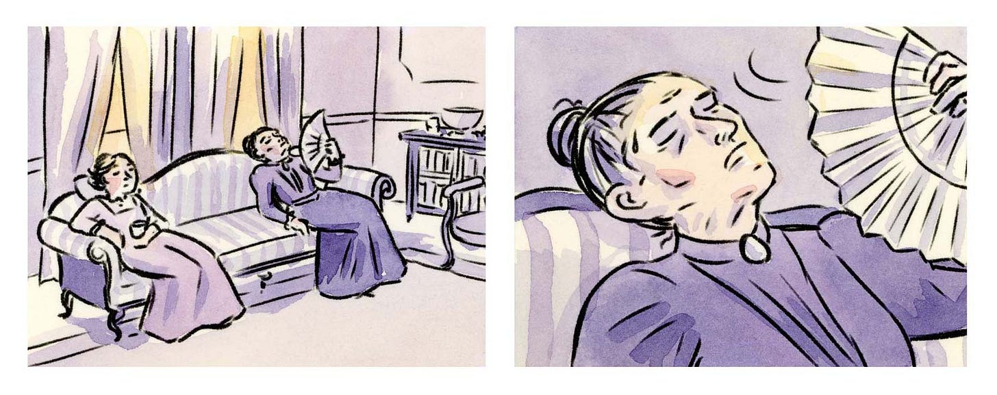 Watercolor comic page from graphic novelist K. Woodman-Maynard’s graphic novel adaptation of Tuck Everlasting.