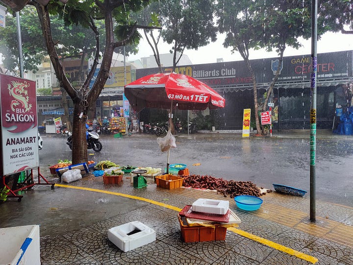 Bánh Mì Chay and downpour on the street