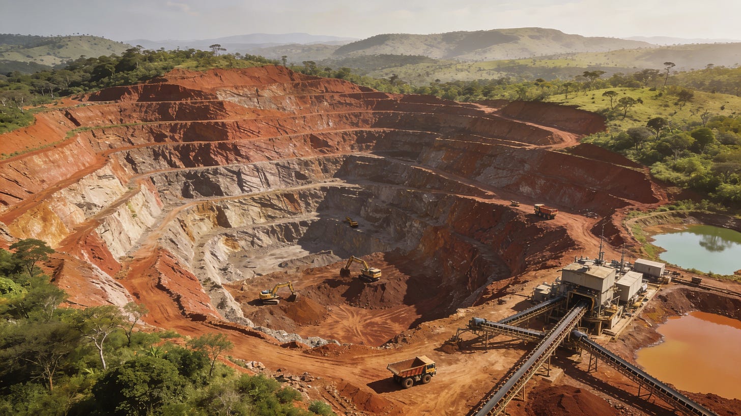 Realistic 16:9 AI illustration of a modern rare earth open-pit mine.