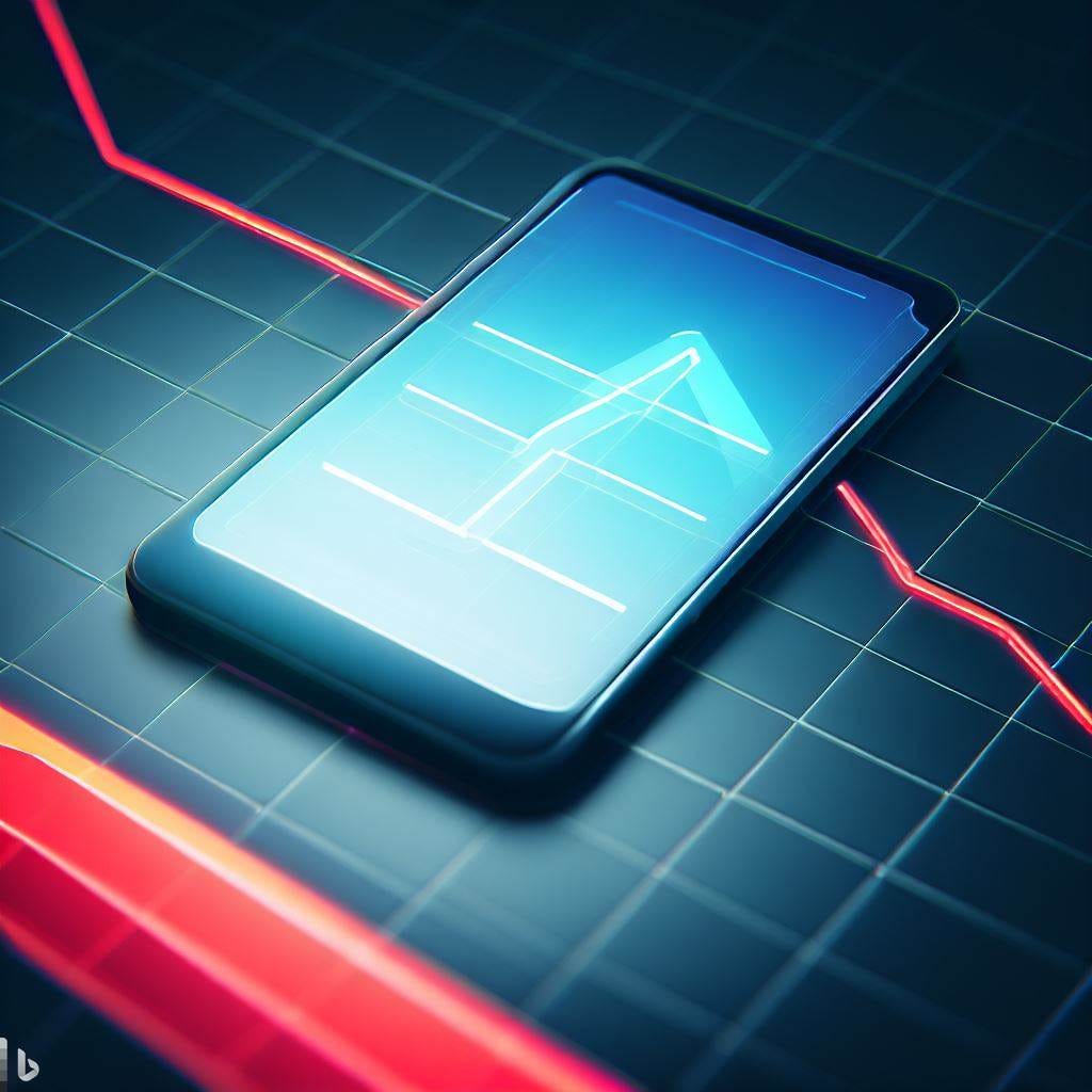 An image of a smartphone on top of a declining line on a chart