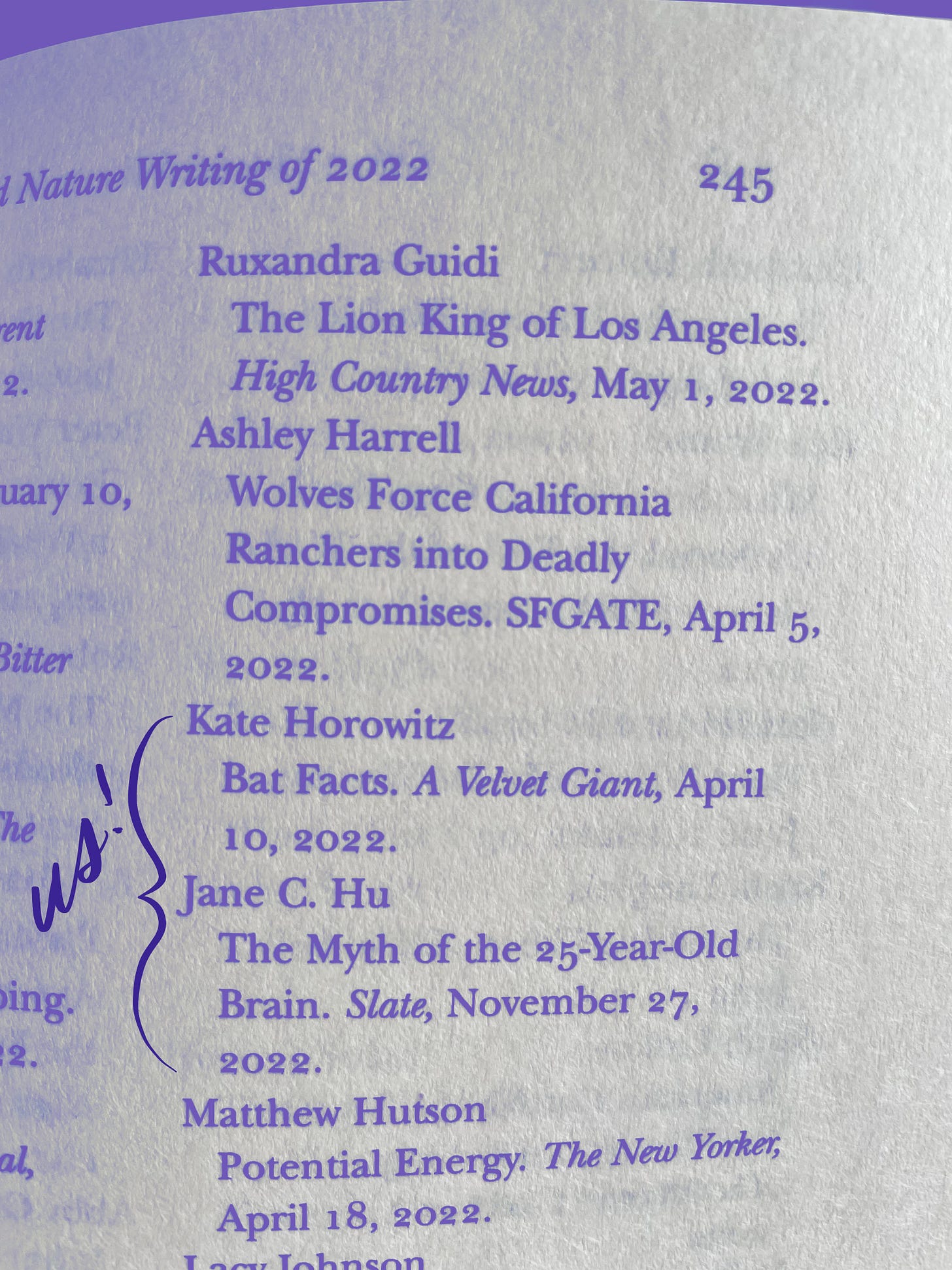 Photograph of a book’s index page listing authors, the titles of their work, the outlets in which they were published, and the date. Included in the list are two important entries: “Kate Horowitz / Bat Facts. A Velvet Giant, April 10, 2022.” and “Jane C. Hu / The Myth of the 25-Year-Old Brain. Slate, November 27, 2022.” Handwritten purple script beside the two entries says “Us!”