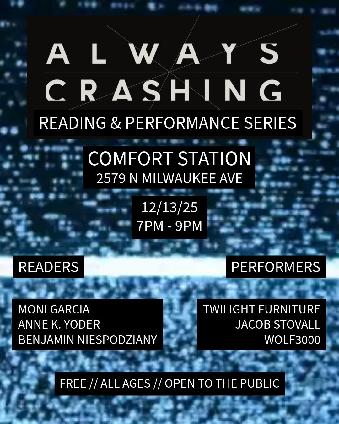 Promotional poster for “Always Crashing: Reading & Performance Series” set against a blue static glitch background. The title “Always Crashing” appears in large white text with cracked, fragmented lines through the letters. Event details below read: “Comfort Station, 2579 N Milwaukee Ave, 12/13/25, 7PM–9PM.” The poster lists readers: Moni Garcia, Anne K. Yoder, and Benjamin Niespodziany; and performers: Twilight Furniture, Jacob Stovall, and Wolf3000. Text at the bottom states, “Free // All Ages // Open to the Public."