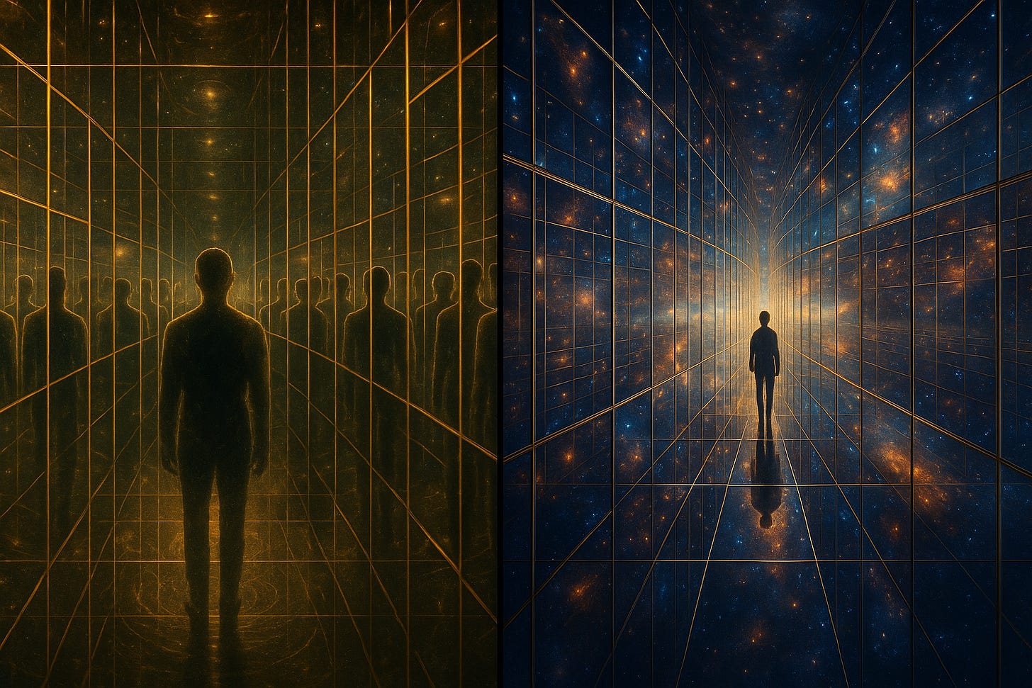 Split-screen digital artwork. On the left: a dim, golden hall of mirrors, reflections of a lone figure tightly compressed in every direction, evoking density and entrapment. On the right: the same figure steps into a cosmic corridor of mirrors that stretch outward into luminous starfields, opening vast horizons and expanded awareness.