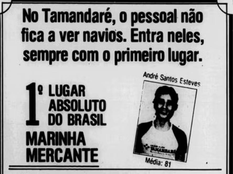 Anúncio de 1985 com a foto de André Esteves no 'Jornal dos Sports': primeiro lugar do Brasil na prova para a Marinha Mercante