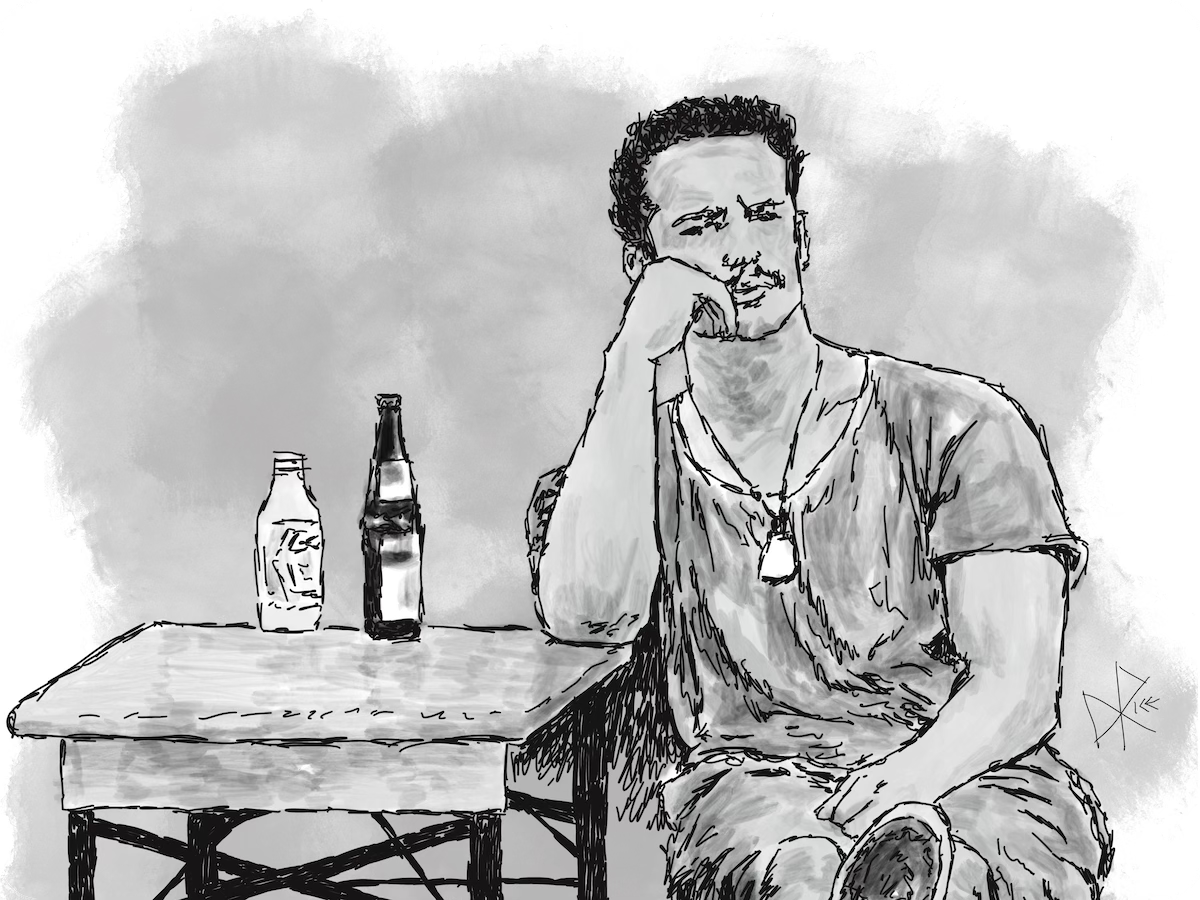 A seated man with his feet up on another chair, leisurely leaning into his arm that he has propped on the table, sipping on his drinks and enjoying his afternoon. Sketch art by Don Rice.