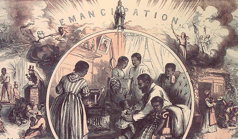 Thomas Nast’s wood engraving from 1865 envisions the future of emancipation for free African Americans in the United States and compares it with the injustices of slavery. Thomas Nast’s wood engraving from 1865 envisions the future of emancipation for free African Americans in the United States and compares it with the injustices of slavery.