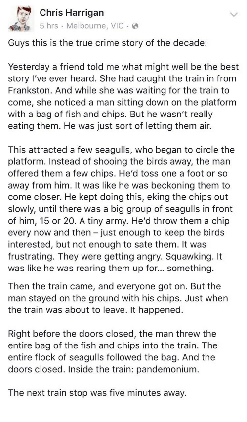 Crime, True, and Army: Chris Harrigan
 5 hrs Melbourne, VIC.
 5 hrs . Melbourne, VIC .
 Guys this is the true crime story of the decade:
 Yesterday a friend told me what might well be the best
 story l've ever heard. She had caught the train in from
 Frankston. And while she was waiting for the train to
 come, she noticed a man sitting down on the platform
 with a bag of fish and chips. But he wasn't really
 eating them. He was just sort of letting them air.
 This attracted a few seagulls, who began to circle the
 platform. Instead of shooing the birds away, the man
 offered them a few chips. He'd toss one a foot or so
 away from him. It was like he was beckoning them to
 come closer. He kept doing this, eking the chips out
 slowly, until there was a big group of seagulls in front
 of him, 15 or 20. A tiny army. He'd throw them a chip
 every now and then - just enough to keep the birds
 interested, but not enough to sate them. It was
 frustrating. They were getting angry. Squawking. It
 was like he was rearing them up for... something
 Then the train came, and everyone got on. But the
 man stayed on the ground with his chips. Just when
 the train was about to leave. It happened
 Right before the doors closed, the man threw the
 entire bag of the fish and chips into the train. The
 entire flock of seagulls followed the bag. And the
 doors closed. Inside the train: pandemonium
 The next train stop was five minutes away.