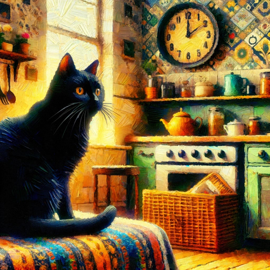 Transform the uploaded image of the black cat in a home setting into an oil painting. The painting should have a rich texture, highlighting the brushstrokes and the fabric of the canvas. Include details such as the cat's fur, the neon clock, the kitchen appliances, and the patterned wallpaper, all rendered with the depth and vibrancy of oil paints. The overall effect should be warm and inviting, with a realistic yet artistic representation of the original scene.