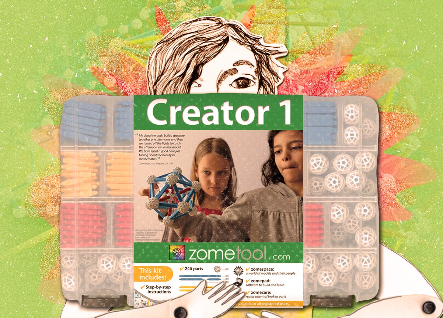 Illustration of Mitra holding a Zometool product