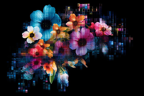 Flowers, mountain range and infinity pool as data.