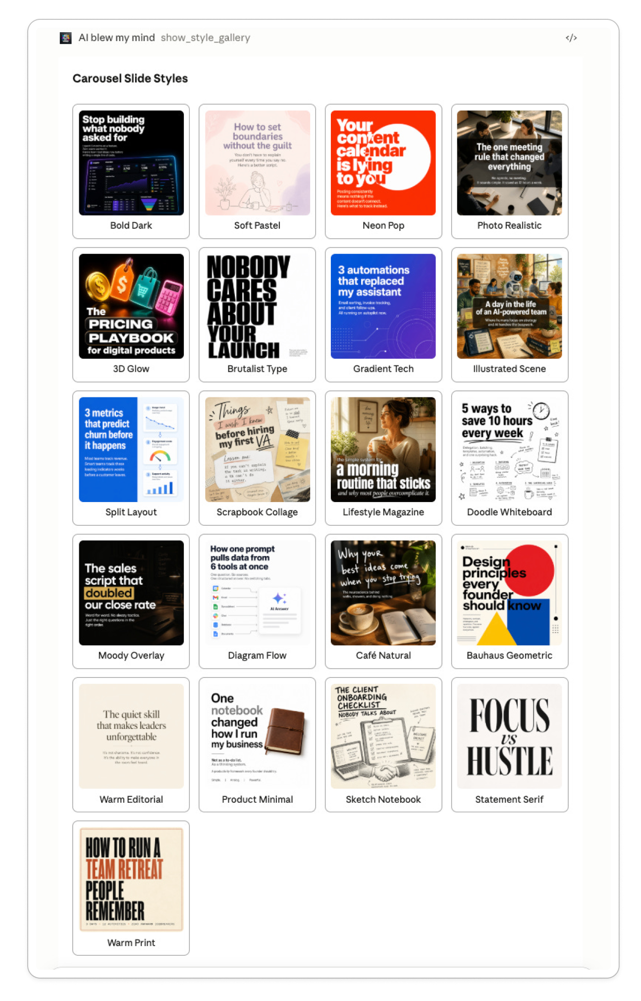 Screenshot of a carousel slide style gallery inside Claude, powered by Amplifiers and the Claude Carousel Skill. The interface displays multiple branded Instagram carousel design styles that users can choose from before generating slides, including Bold Dark, Soft Pastel, Neon Pop, Photo Realistic, Brutalist Type, Gradient Tech, Scrapbook Collage, Lifestyle Magazine, Doodle Whiteboard, Moody Overlay, Bauhaus Geometric, Product Minimal, Statement Serif, and other visual formats. The gallery demonstrates how creators can select a visual identity for AI-generated carousel content without manually designing layouts or writing complex prompts.