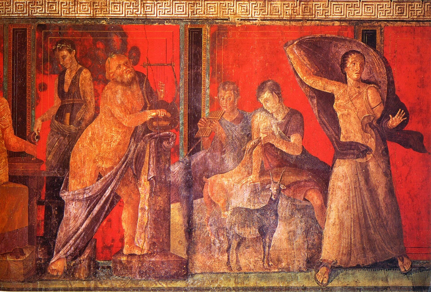 Roman wall painting of life size figures against a red background, from the Villa of the Mysteries at Pompeii. Roman wall painting of life size figures against a red background, from the Villa of the Mysteries at Pompeii.