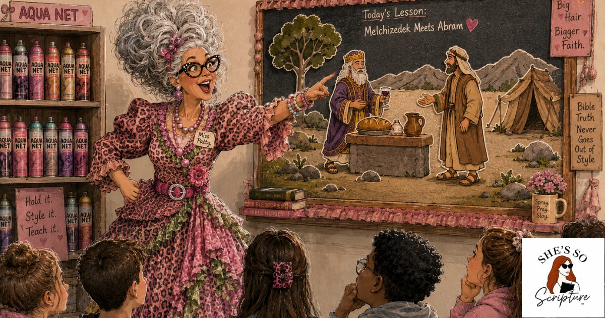 Illustration of Miss Patty the Sunday School teacher teaching her class about Melchizedek. A shelf full of Aqua Net and felt characters on the flannel board