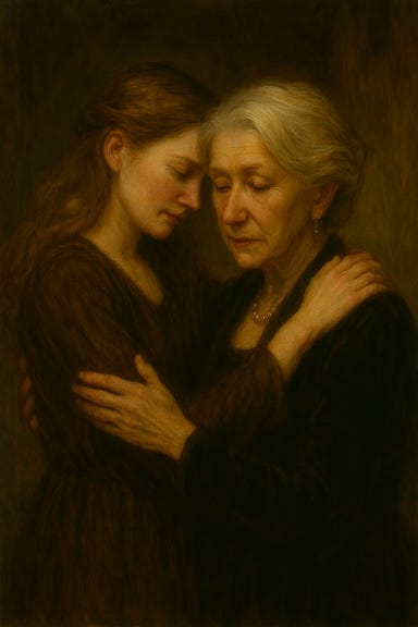 A gothic fantasy scene depicting Stella Wachter, visually inspired by Morfydd Clark, reunited with her mother, Lady Wachter, visually inspired by Helen Mirren. They sit together in a candlelit parlor of the Wachterhaus, surrounded by antique furniture, faded tapestries, and flickering shadows. Stella wears a simple, pale gown, her expression fragile but luminous, with long auburn hair cascading over her shoulders. Lady Wachter wears a dark, regal dress with high collar and silver embroidery, her hair swept back, her face stern but softened by emotion. Lady Wachter gently holds Stella’s hand, and they share a quiet moment of connection. The atmosphere is tender, eerie, and steeped in gothic melancholy.