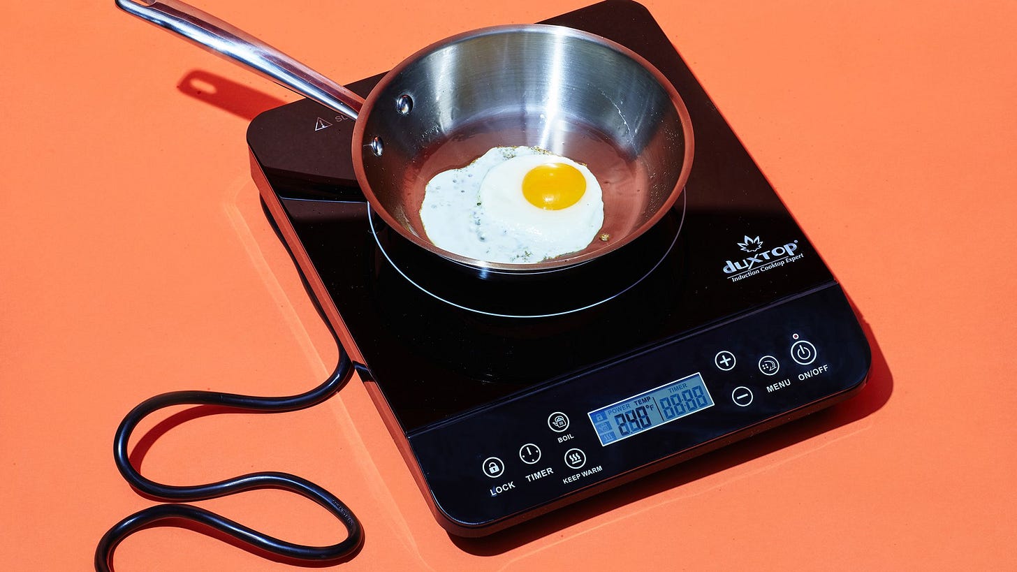Egg frying in pan on an induction cooktop