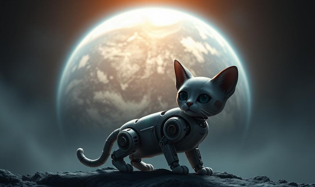 Image of tiny robot cat in front of Planet Earth.